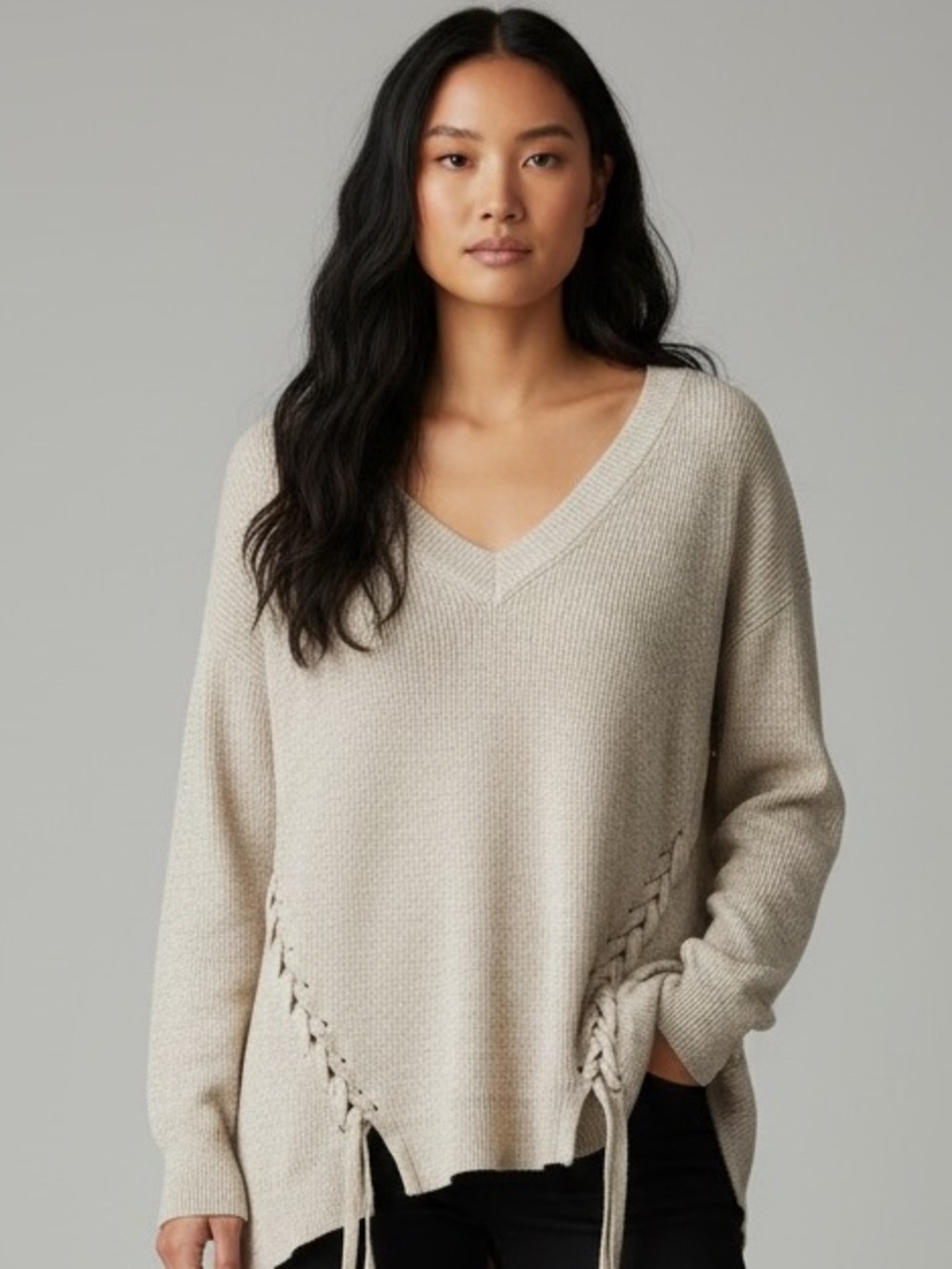 American Eagle Outfitters Beige V-Neck Sweater with Side Lace-Up Detail